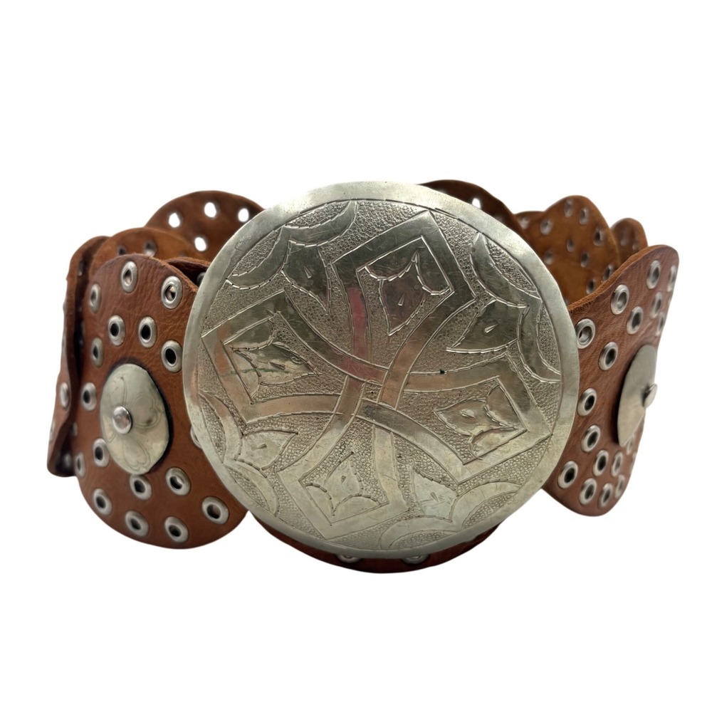 Concho Belt Women 38 Brown Leather Silver Grommet Wide Statement Buckle Y2K Boho